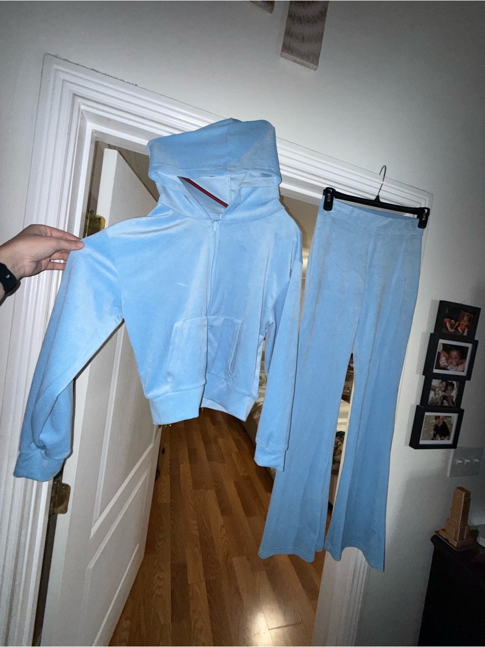 Light Blue Women's Velour Hoodie & Flared Pants Set